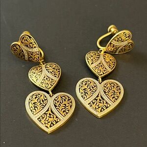 Vintage Damascene three tier heart screw back earrings with damasque designs